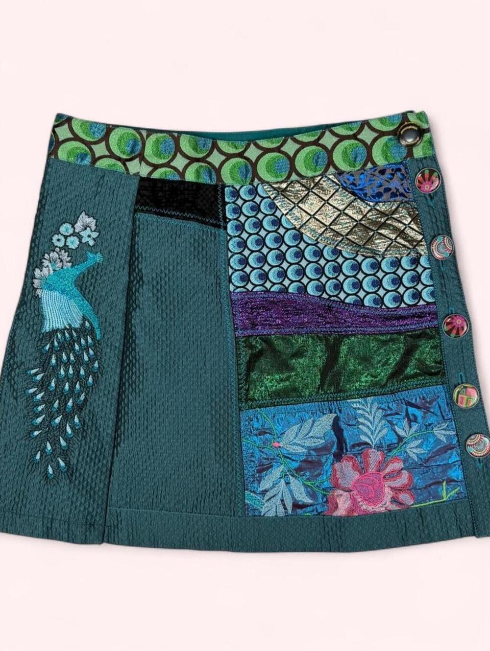 Desigual Galactic Tour Patchwork Skirt with cool buttons and peacock design